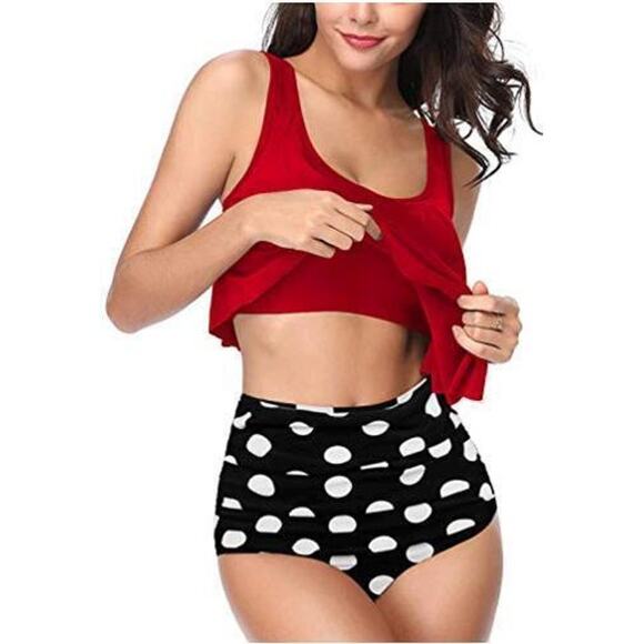 Red / Black polka dot 2 piece swimsuit set L NWOT - Picture 2 of 4